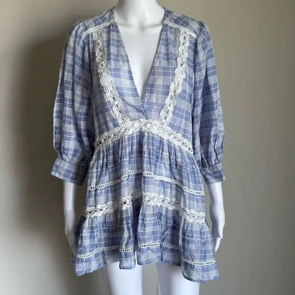 Free People Boho Lace Crotchet Plaid Puff Sleeve Top